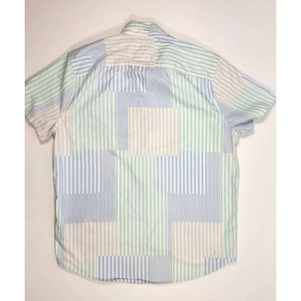Hollister Patchwork Stripe Button Shirt L Blue Green‎ Casual Preppy